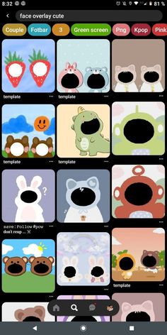 an iphone screen with many different cartoon characters on the screens and one has a bear face