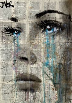 an image of a woman's face with blue eyes and tears on newspaper pages