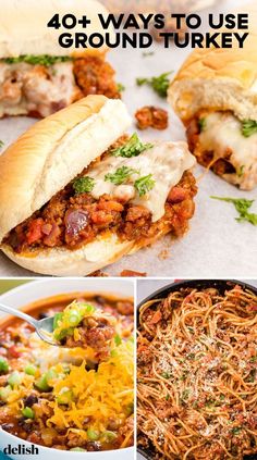 four different pictures with the words 40 ways to use ground turkey in them and on top