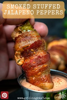 Bacon wrapped stuffed jalapeño dipped into southwest ranch Smoked Stuffed Jalapenos, Grilled Jalepeno Recipes, Stuffed Peppers On Smoker, Smoked Bacon Wrapped Jalapenos, Smoked Stuffed Jalapeno Peppers, Smoked Stuffed Peppers, Smoked Jalapeno Peppers Bacon Wrapped, Stuffed Jalapeno Peppers Bacon Wrapped, Smoked Jalapeños