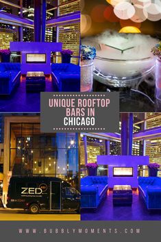 the unique rooftop bar in chicago is lit up at night and has blue couches