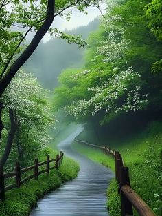 a painting of a path in the woods