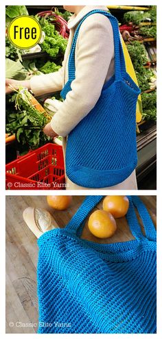 two pictures showing the same bag in different stages of being knitted and then crocheted