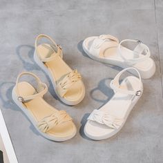 Category: Casual Sandals Age Range: Adult Upper Material: PU Sole material: Beef Tendon Style: Leisure Toe Shape: Round Head Fashion Element: Buckle Wearing Style: Buckle Pattern: Solid Color Sole Craft: Viscose Shoes Upper height: Low Top Color: White, Yellow Heel Height: Middle Heel (3-5cm) Heel Shape: Flat Heel White Shoes Sandal, Elegant Shoes Heels, Trendy Slippers, How To Tie Shoes, Casual Sandals Womens, Dr Shoes, Fashion Shoes Heels, Shoes Heels Classy