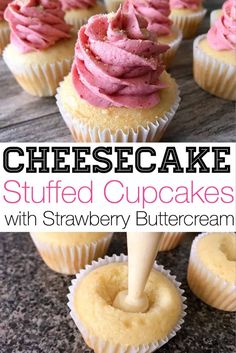 cupcakes with strawberry buttercream frosting on top and in the middle