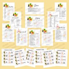 the wedding program is displayed on a yellow background with white flowers and black lettering, along with