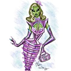 a drawing of a woman dressed in purple and holding a purse with her hands on her hips