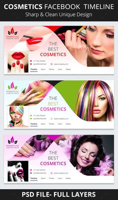 three banners with different colors and designs for cosmetics shops, salons or beauty products