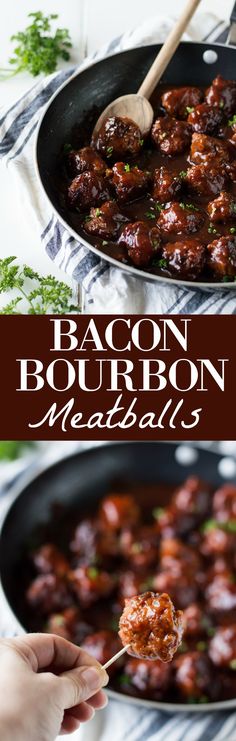 bacon bourbon meatballs in a skillet with a wooden spoon