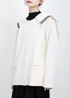 Elegant Long Sleeve Fashion Sailor Collar Outfit White Knee Jackets Collar Outfits, Preppy Mode, Long Sleeve Fashion, Loose Coats, Spring Coat, Outfit White, Sailor Collar, Sleeve Fashion, Dressy Outfits