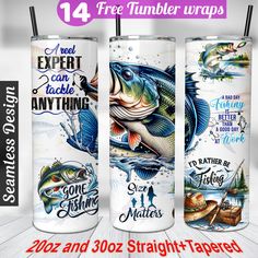 three different types of tumbler wraps with fishing images on the front and back sides