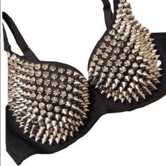 Channel Your Inner Madonna With This Spiked Bra! Would Look Great Under A Blazer & Your High Waisted Jeans! Gothic Bras, Rave Moodboard, Spiked Bra, 2000s Look, Studded Bra, Bra Harness, Leather Bra, Rave Bra, Leather Dresses