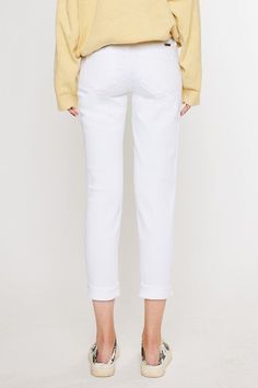 Introducing our Mid Rise Girlfriend Fit Jeans, the epitome of relaxed yet chic style. These jeans feature a relaxed fit that offers both comfort and effortless cool. Crafted with stretch white denim, they provide a flattering silhouette while allowing for ease of movement. The distressed detailing adds a touch of edge and character, giving them a lived-in look. With an exposed button closure, these jeans offer a trendy and contemporary vibe. Made in China Style: Casual Print / Pattern: White Sil White Boyfriend Jeans, Denim Short Dresses, Sweater Hat, Cardigan Crop Top, China Style, Cardigan Crop, Loungewear Sets, Pattern White, Sheer Fabric