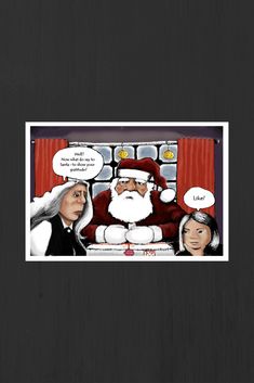 santa claus is sitting in front of two women