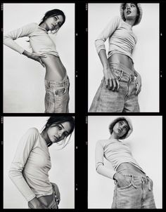 black and white photograph of woman in jeans posing for photoshopped photobooking