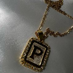 Initial P Necklace 14 K Gold Filled 17 In Chain 1 In Pendant Cubic Zirconium Stones P Necklace, Y Initial, P Initial, Initial P, Square Pendant Necklace, Square Pendant, Initial Necklace, Boy Fashion, Gold Filled