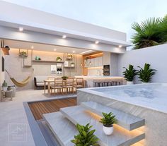 an outdoor living room and dining area are featured in this rendering by the pool side