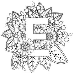 the letter e is surrounded by flowers and leaves in black and white coloring book pages