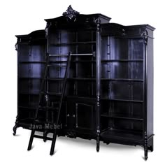 an old fashioned black bookcase with ladders