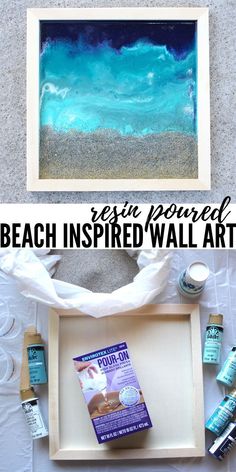 the beach inspired wall art is displayed with supplies on it and in front of it