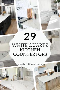 white quartz kitchen countertops with text overlay that reads 29 white quartz kitchen countertops