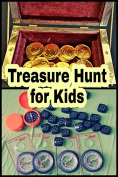 an open suitcase filled with lots of gold coins and other items to make it look like they're hunting for kids