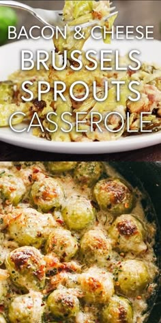 bacon and cheese brussel sprouts casserole in a skillet