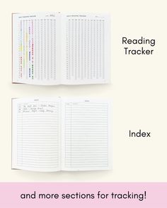 an open notebook with lined paper on it and the text reading trackerr index and more sections for tracking