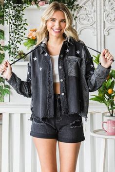 The Star Embroidered Hooded Denim Jacket is a trendy and playful addition to your wardrobe. With its star embroidery and hooded design, this jacket adds a touch of whimsy and uniqueness. Made from high-quality denim, it is durable and stylish. The star embroidery adds a fun and eye-catching element. Whether you wear it with jeans for a casual look or layer it over a dress for a more edgy vibe, the Star Embroidered Hooded Denim Jacket is a versatile and fashionable choice. Embrace the playful tre Black Long Sleeve Outerwear With Star Print, Cotton Streetwear Outerwear With Star Print, Casual Cotton Outerwear With Star Patch, Trendy Denim Outerwear With Star Print, Cotton Star Print Streetwear Outerwear, Cotton Outerwear With Star Print For Streetwear, Trendy Denim Star Print Outerwear, Cotton Star Print Outerwear For Streetwear, Long Sleeve Denim Jacket With Star Print