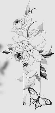 a black and white drawing of flowers in a vase with butterflies on the bottom side