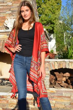 Wrap Shawls, Red Kimono, Red Border, Cotton Blend Fabric, Womens Kimono, Print Kimonos, Border Print, Kimonos, Shawls And Wraps