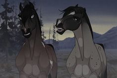 two horses standing next to each other in front of trees and snow covered mountains at night