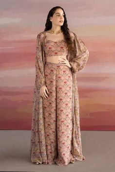 Shop for Ease Brown Crepe Printed Jacket And Palazzo Set for Women Online at Aza Fashions Kurti With Balloon Sleeves, Floral Print Dress Outfit, Palazzo Dress, Brown Floral Print, Traditional Indian Dress, Western Outfit, Printed Jacket, Indian Fashion Saree, Palazzo Pant