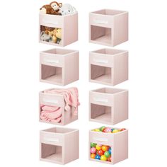 six pink storage bins with stuffed animals and toys in them on a white background