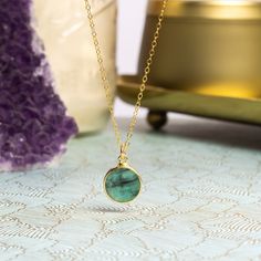 Raw Emerald Gold Round Pendant Necklace - Round Green Emerald Geometric Necklace - Gold Jewelry Gifts for Mom, Grandma, Wife, Sister, BFF EARRINGS SOLD SEPARATELY Stone: Genuine Raw Emerald Please note due to nature of our genuine stones no two are alike and the ones you will receive will vary slightly from the ones pictured in the photos. Bezel: Vermeil Gold Chain: 14k Gold Filled Chain: 16-18 inch adjustable, 1.3mm width, spring ring clasp Circle Gemstone: 12mm diameter About "Gold Filled Jewe Bff Earrings, Raw Emerald Jewelry, Gold Jewelry Gift, Raw Emerald, Gemstone Necklaces, Round Pendant Necklace, Circle Pendant Necklace, Geometric Necklace, Emerald Jewelry