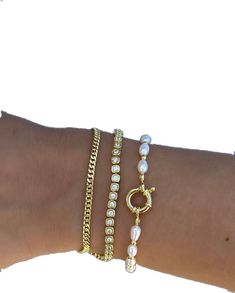 Classic Everyday Pearl Chain Bracelets, Chic Pearl Charm Bracelet As Gift, Chic Pearl Charm Bracelets As Gifts, Chic Pearl Charm Bracelet Gift, Trendy Pearl Chain Bracelet, Sailor Bracelet, Mix And Match, Pearl Bracelet, Gold Plating