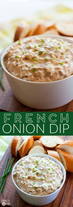 french onion dip in a bowl with bread on the side