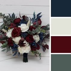 a wedding bouquet with red, white and blue flowers is shown in color swatches