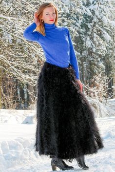 Brand: SuperTanya; Style: hand knit mohair skirt; Material: premium class mohair; Color: Black Design: Long mohair skirt; Size & Measurements of the the dress: Length: 94 cm / 37 inches Width at the lower end: 71 inches / 180 cm Net weight: 1.190 kg *All measurements are taken with the item laid flat and not stretched. The top quality materials, craftsmanship and service, in addition to the best price/value ratio of my beautiful hand knitted mohair creations makes them the most loved and preferr Mohair Skirt, Knitted Skirts, Fuzzy Skirt, Fuzzy Mohair Sweater, Fluffy Dress, Handmade Skirts, Handmade Knitwear, Pullover Mode, Boutique Dress