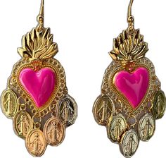 Mexican Earrings Gold, Sacred Heart Necklace Gold, Sacred Heart Jewelry Necklaces, Sacred Heart Dangle Earrings, Sacred Heart Pendant Gold, Mexican Style, Sacred Heart, Chandelier Earrings, Madonna