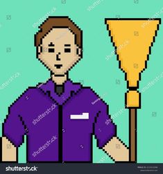 a pixel art man holding a broom in his hand and wearing a purple shirt with the word