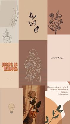 several different types of art work with words and pictures on them, including one that says jesus is king