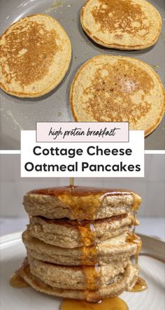 cottage cheese oatmeal pancakes are stacked on top of each other