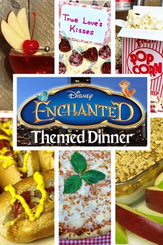 Enchanted Themed Dinner and Movie Night Disney Movie Night Menu Enchanted, Disney Enchanted Themed Party, Princess Diaries Dinner And Movie, Frozen Themed Food Dinners, Themed Movie Dinner, Encanto Movie Night Food, Disney Movie Inspired Food, Enchanted Movie Night, Meal Theme Nights