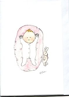 a drawing of a baby in a pink blanket with a stuffed animal next to it