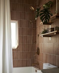 a bathroom with a toilet, tub and shower head in it's corner next to a window