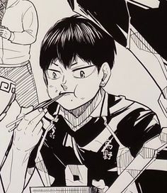 a drawing of a boy eating food in front of two other people with chopsticks