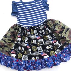 Army, Navy, Marines, Coast Gaurd Our Military Branch dress will steal the show at every Military homecoming, Memorial Day celebration, 4th of July party, and patriotic parade. Choose your branch from the drop down menu! Fashioned in our knit flutter sleeve style bodice & a cotton ruffle skirting, perfect for wowing the crowd! Handmade from a delightful mix of prints that please & colors that pop. Great for Memorial Day, Flag day, Fourth of July, patriotic parades, military homecomings, gift givi Fitted Patchwork Dress For Dress-up, Short Sleeve Patchwork Dress For Dress-up, Flag. Dress, Military Costumes For Women, Ruffle Shorts Outfit, Dress Portrait, Army Dress, Military Dress Uniform, Coast Gaurd