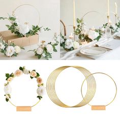 the wedding table is decorated with white flowers and greenery, gold plates and candles