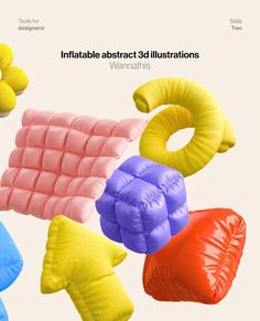 an advertisement for inflatable abstract old illustrations, with colorful pillows and other items